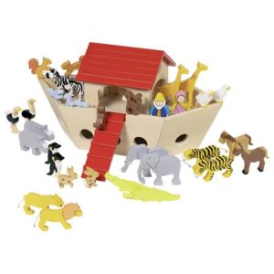 The Goki Noah's Ark wooden playset, showing the large ark, a ramp, and the complete collection of animal pairs and figures arranged outside.