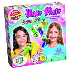 The box for the Small World Fashion Hair Flair Styling Set, showing the battery-operated braiding and wrapping tools and models with decorated hair.