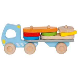 The Goki wooden stacking truck, a blue lorry with a flatbed trailer carrying a variety of colourful, geometric stacking blocks.