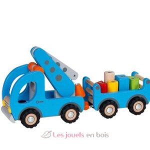 A blue Goki wooden mobile crane truck with a working crane arm and a detachable trailer carrying colourful wooden blocks.