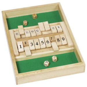 The Goki wooden Double Shut the Box game, showing the wooden frame, two rows of number tiles from 1 to 9, a green felt rolling area, and dice.