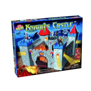 The box for the Small World Creative Knights Castle Playset, showing the fully assembled cardboard castle with its drawbridge and knight figures.