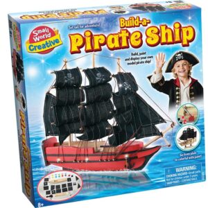 The box for the Small World Creative Build-a-Pirate-Ship Kit, showing the completed and painted wooden model ship with black sails.
