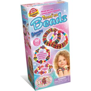 The box for the Small World Fashion Thread 'em Beads jewellery kit, showing a model wearing multiple colourful bracelets.