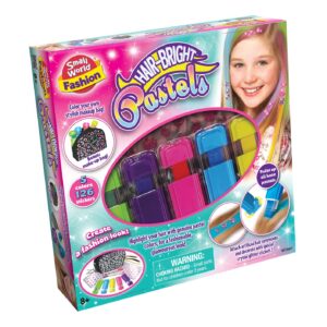 The box for the Small World Fashion Hair Brite Pastels kit, showing the 5 hair chalk applicators and a model with coloured hair.