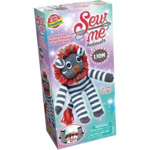 The box for the Small World Creative Sew Me Animals Lion kit, showing the finished striped sock lion doll.