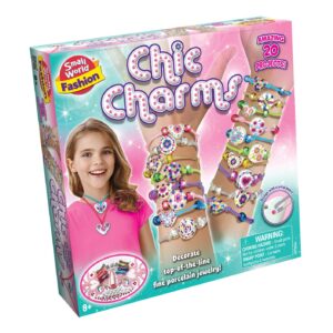 The box for the Small World Fashion Chic Charms jewellery kit, showing a model wearing multiple bracelets and examples of the included porcelain charms.