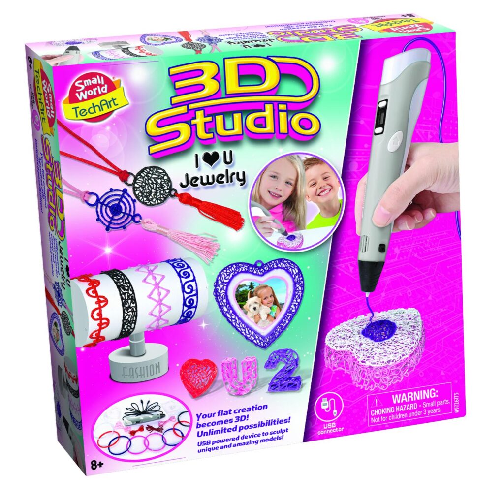 The box for the Small World Tech Art 3D Pen Jewelry Studio kit, showing the 3D pen and examples of jewellery and sculptures created with it.