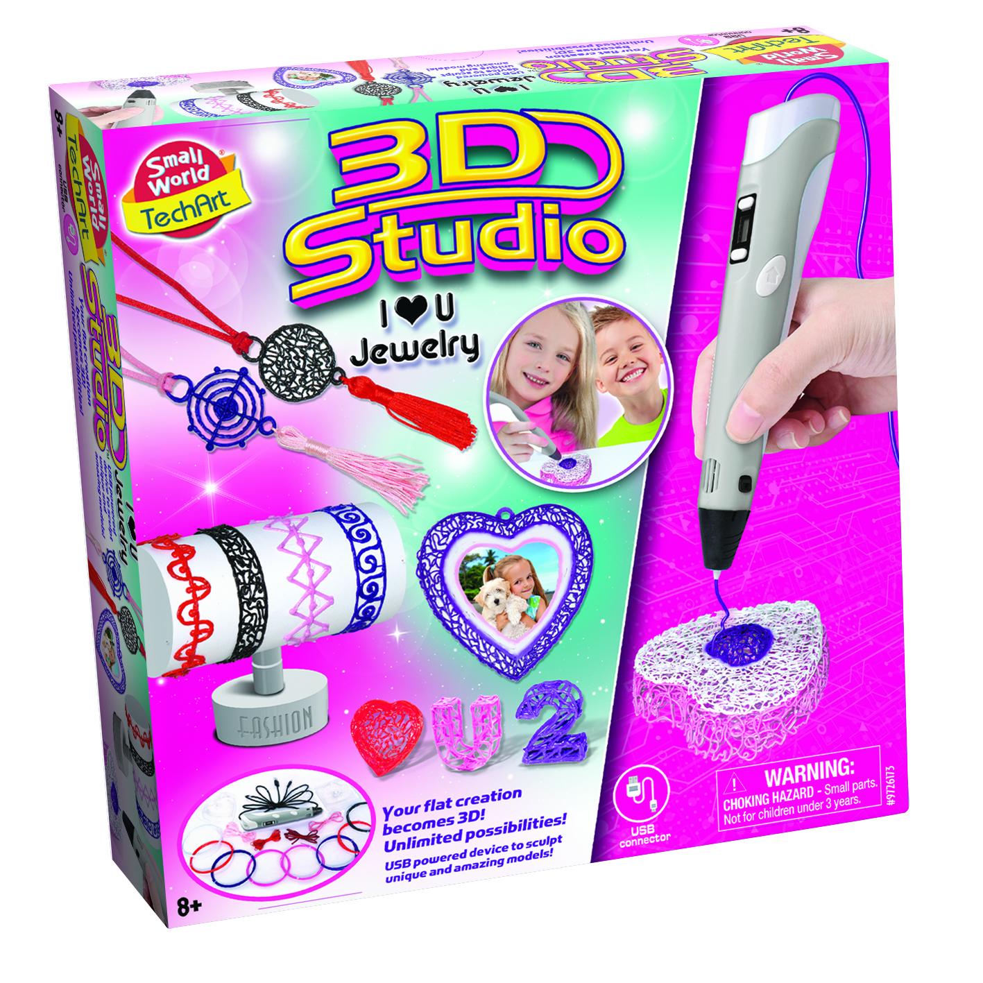 The box for the Small World Tech Art 3D Pen Jewelry Studio kit, showing the 3D pen and examples of jewellery and sculptures created with it.