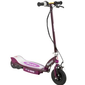 The Razor E100 Electric Scooter in purple, showing its durable steel frame, kick-to-start motor, and white deck design.
