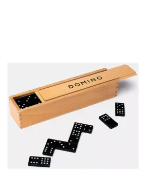 The complete wooden domino set with black tiles and white dots, shown in its classic wooden storage box with a sliding lid