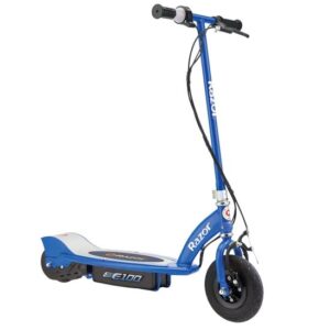 The Razor E100 Electric Scooter in blue, showing its durable steel frame, black handlebars, and kick-to-start motor.