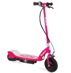 The Razor E100 Electric Scooter in Daisy Pink, showing its floral deck design, pink frame, and handlebars.