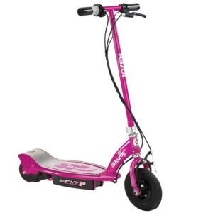The Razor E100 Electric Scooter in Sweet Pea Pink, showing its custom deck graphics, pink frame, and retractable kickstand.