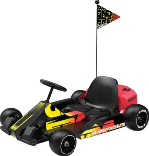 The Razor Ground Force Elite Electric Go-Kart in black and red with yellow graphics, shown with its safety flag attached.