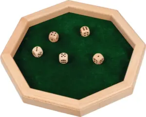 The octagonal Goki wooden dice rolling tray, featuring a natural wood frame and a soft green felt lining, with five dice sitting on the surface.