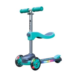 The Razor Rollie DLX 2-in-1 Light-Up Scooter in teal, showing its removable seat, light-up wheels, and multi-colour light-up deck.