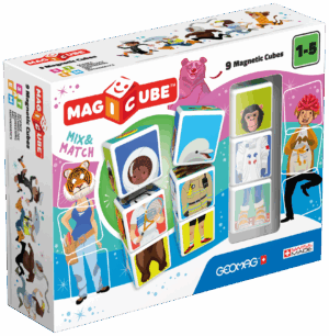 The Geomag Magicube Mix & Match set, showing the 9 magnetic cubes and the box which illustrates silly combinations of characters like animals and people.