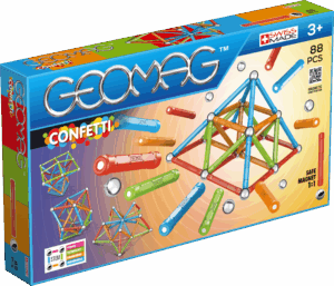 The Geomag Confetti 88-Piece set, a magnetic construction toy with brightly coloured rods, steel spheres, and panels for building geometric shapes.