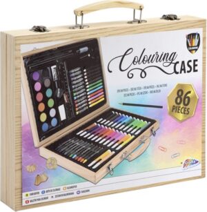 The Grafix Wooden Artist Case, shown open to display the full 86-piece set of colouring pencils, felt-tip pens, oil pastels, crayons, and watercolour paints.