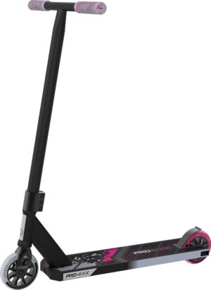 The Razor Pro XXX Stunt Scooter, a high-performance pro scooter with a black frame, pink details, and durable 110 mm urethane wheels.