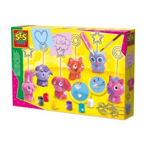The SES Creative Casting & Painting Memo Holders kit, showing the six cute animal plaster figures, paints, glitter, and materials needed to create your own photo holders.