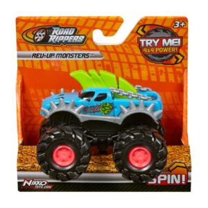 The blue Road Rippers Rev-Up Monsters truck, a kid-powered 4x4 toy with a friction motor and a green spiky mohawk design.