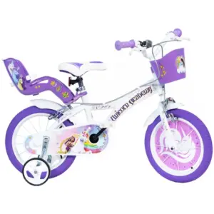 The Dino Bikes Unicorn Academy 16-Inch Bike, a white and purple kids bicycle featuring stabilisers, a front basket, and a rear doll carrier with Unicorn Academy graphics.