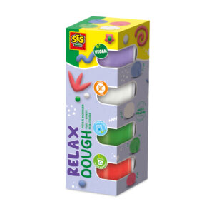 The box for the SES Creative Feel Good Dough - Relax set, showing the four tubs of soft, vegan, and gluten-free modelling dough in calming colours.