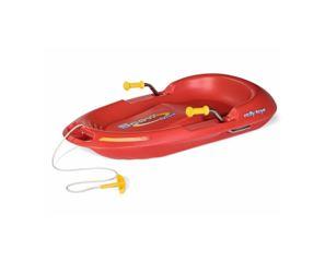 The Rolly Toys Snow Max Sledge in red, a steerable kids sledge featuring an ergonomic seat, two metal handbrakes for control, and a pull rope.