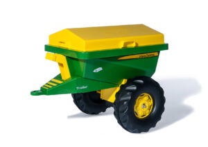 The Rolly Toys John Deere Streumax Spreader, a green and yellow functional trailer accessory for ride-on pedal tractors.