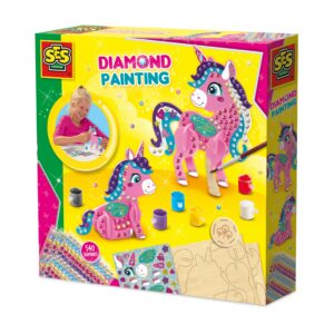 The SES Creative Diamond Painting 3D Unicorns kit, showing the materials to build, paint, and decorate two sparkling unicorn models.