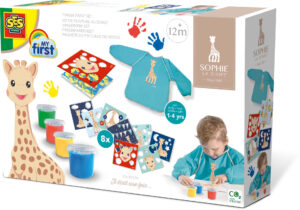 The SES Creative Sophie la Girafe Fingerpaint Set, an art kit for toddlers showing the four pots of paint, a smock, and special picture cards.