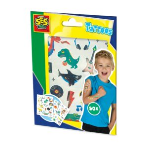 The packaging for the SES Creative Metallic Tattoos for Boys, showing a child with a temporary tattoo and examples of the dinosaur and music-themed designs.