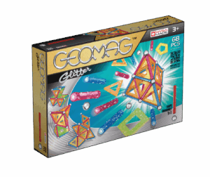 The Geomag Glitter Panels 68-Piece set, a sparkling magnetic construction toy with colourful glitter-infused rods and panels for building 3D shapes.