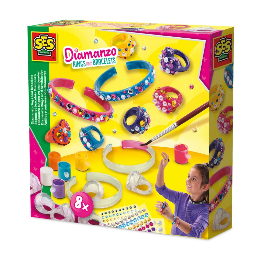 The SES Creative Diamanzo Rings and Bracelets craft kit, showing the 8 pieces of jewellery, paints, and diamond stickers for decoration.