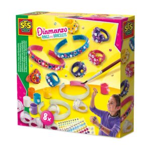 The SES Creative Diamanzo Rings and Bracelets craft kit, showing the 8 pieces of jewellery, paints, and diamond stickers for decoration.