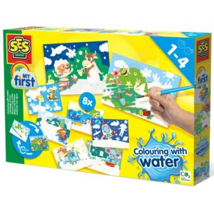 The SES Creative My First Colouring with Water set, showing the 8 reusable magic painting cards and the safe brush for mess-free fun for toddlers.