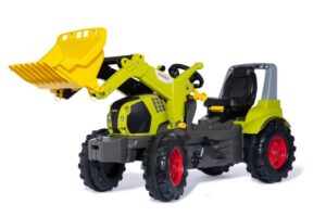 The Rolly Toys Claas Arion 660 pedal tractor, a large green ride-on toy for children shown from the front three-quarter view with its yellow front loader attached.