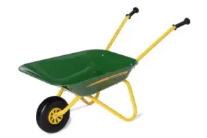 The Rolly Toys John Deere kids wheelbarrow, showing its green metal tub, yellow steel frame, and chunky single wheel.