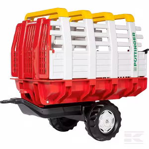 The Rolly Toys Pöttinger Jumbo Hay Wagon, a large red, white, and yellow twin-axle trailer accessory for ride-on pedal tractors.
