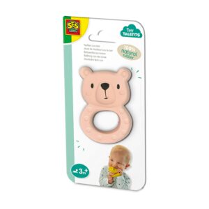 The SES Creative Bo the Bear teether, a light pink bear-shaped teething toy made from 100% natural rubber, shown in its packaging.
