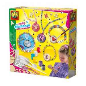 The SES Creative Easy Diamonds Letter Jewellery kit, showing the materials and finished examples of personalised bracelets and necklaces with custom-made pendants.