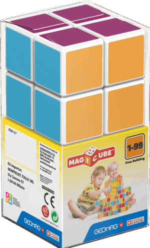 The box for the Geomag Magicube 8-piece free building set, showing the colourful magnetic cubes that connect on all sides.