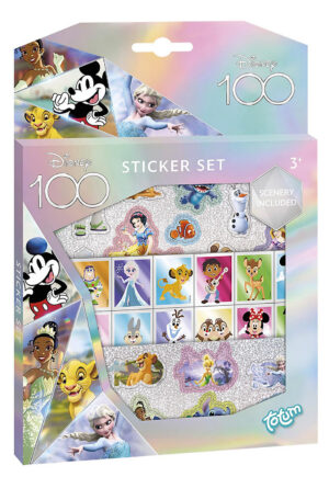 The box for the Totum Disney 100 Sticker Set, showing the various holographic and glitter stickers featuring iconic characters like Mickey Mouse and Elsa.