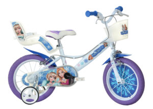 The Dino Bikes Disney Frozen 14-Inch Bike, a kids bicycle in blue and white, featuring Elsa and Anna graphics, removable stabilisers, a basket, and a doll carrier.