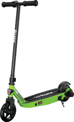 The green Razor Power Core S80 electric scooter, a kids e-scooter featuring a maintenance-free hub motor and thumb-activated throttle.