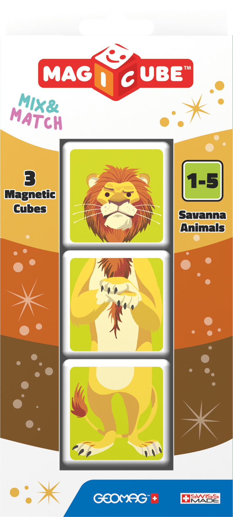 The box for the Geomag Magicube Mix & Match Savanna Animals set, showing the 3 magnetic cubes used to build a lion.