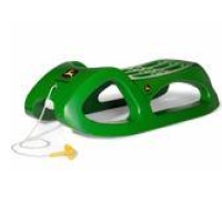 The Rolly Toys John Deere Snow Cruiser Sledge, a durable green sledge for children, featuring steel runners for speed and an attached pull rope.
