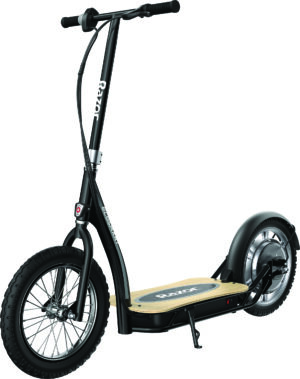 The Razor EcoSmart SUP Electric Scooter, showing its large 16-inch pneumatic tyres and stylish bamboo deck, designed for adult riders.